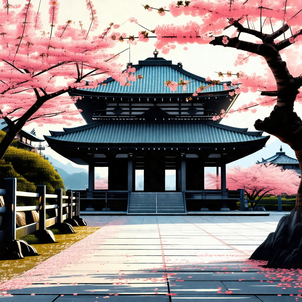 Painting of a large, ornate building with a pagoda roof