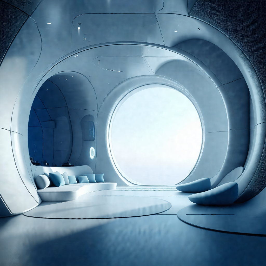 Futuristic room with a large, round window that allows na...