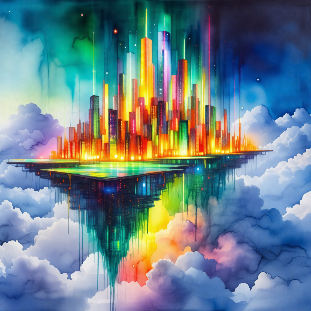 Painting of a cityscape with a large, colorful building i...