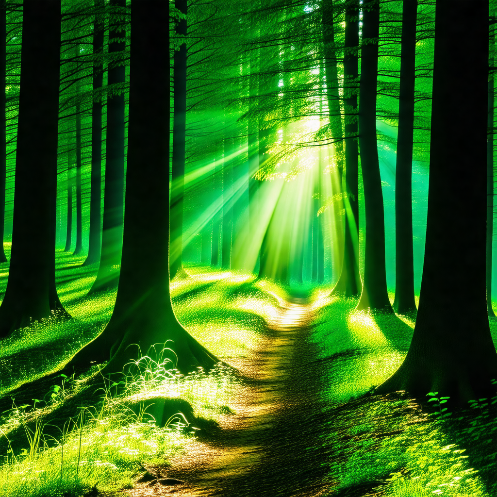 Lush green forest with a pathway leading through the trees