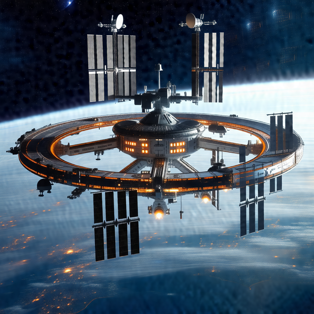 Large space station with a circular shape, floating in th...
