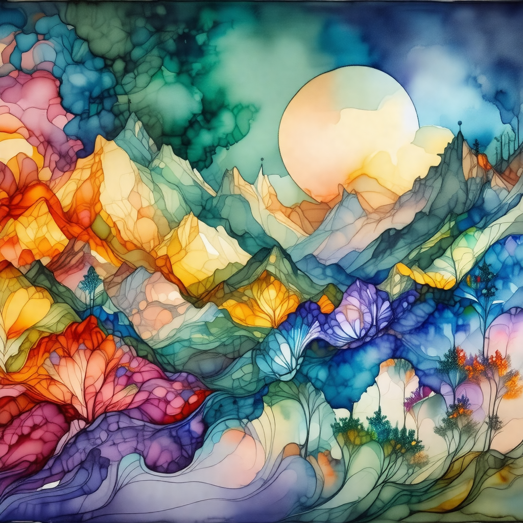 Colorful painting of a mountainous landscape