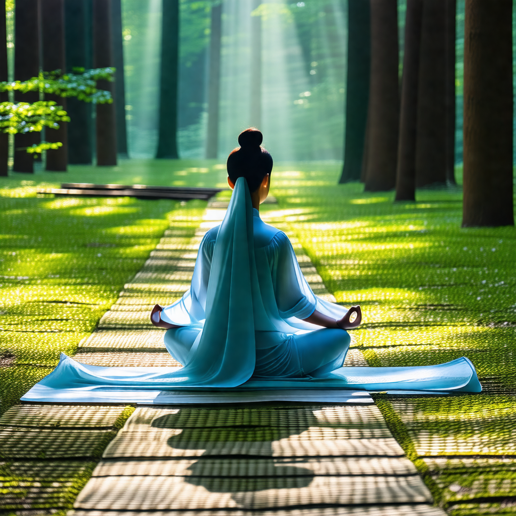 Woman sitting on the ground in a serene forest setting