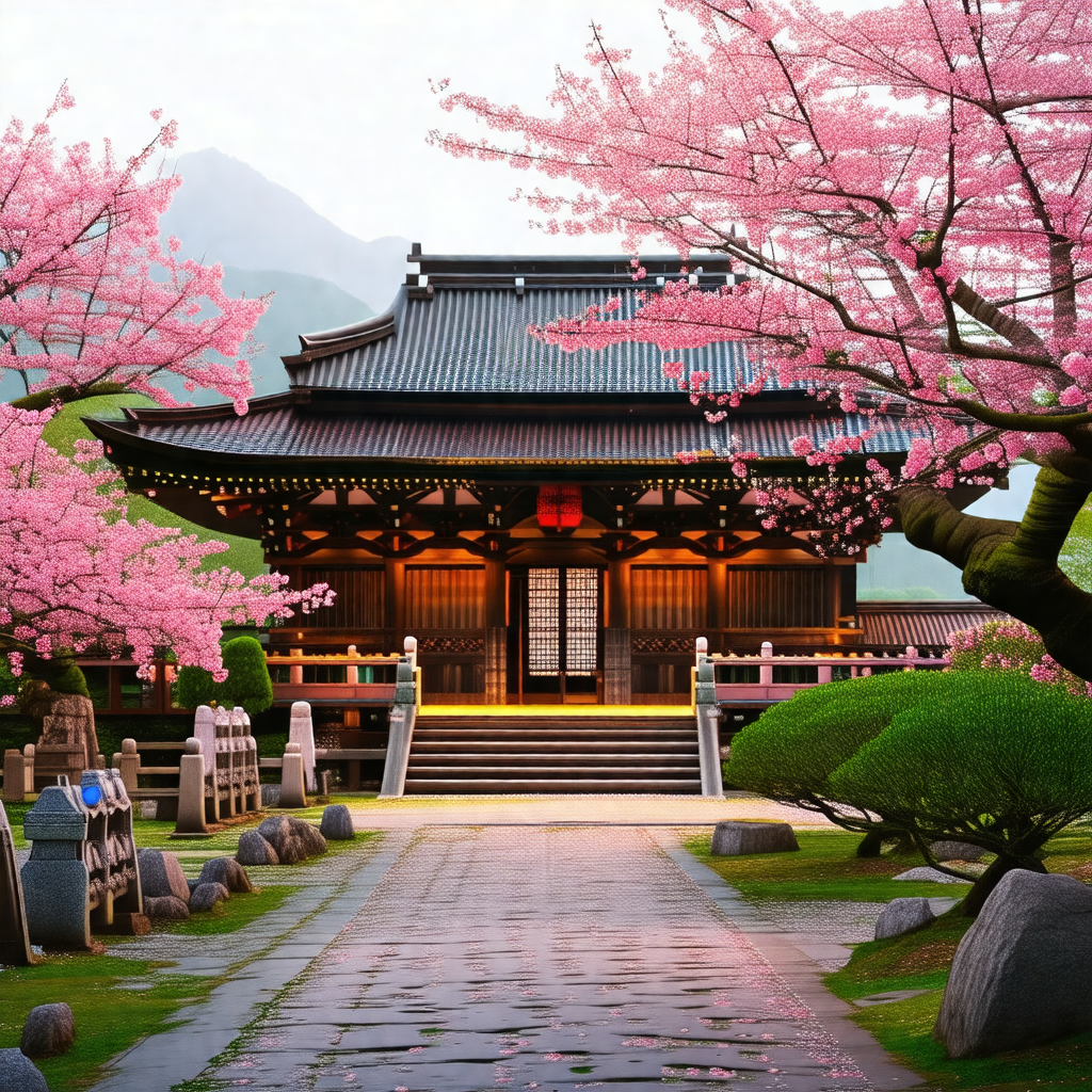 Painting of a japanese temple with a beautiful cherry blo...