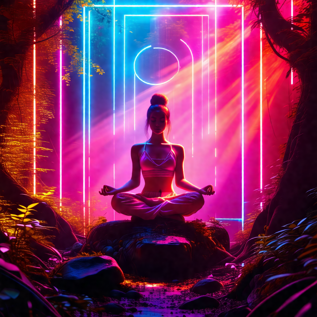 Woman sitting in a forest, surrounded by trees and rocks