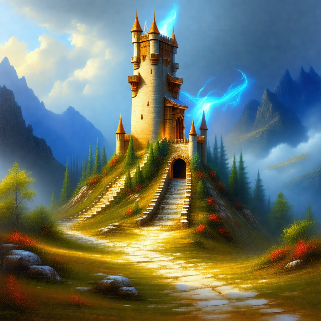 Large, old castle with a tall tower and a moat