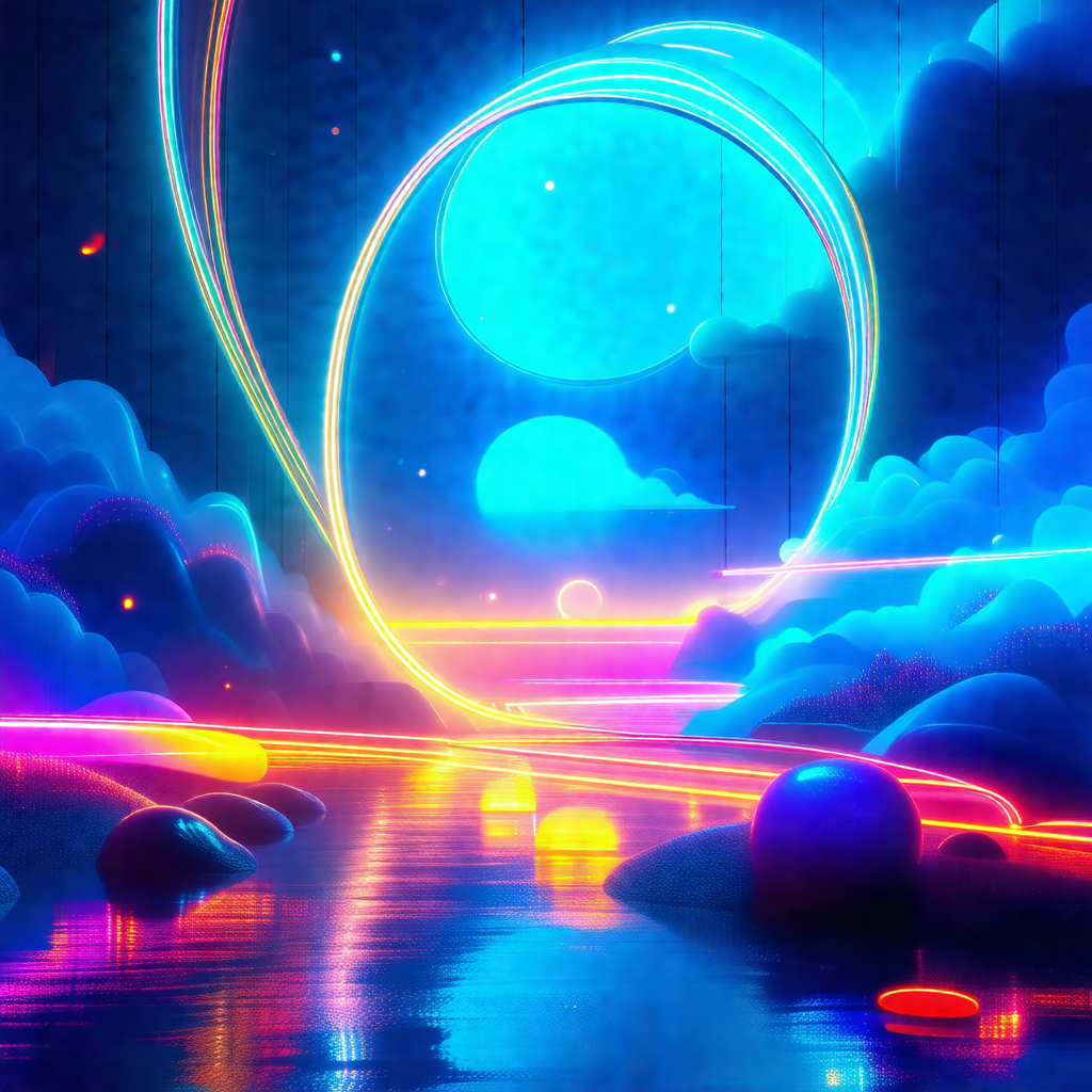 Colorful and vibrant painting of a river with a rainbow-c...