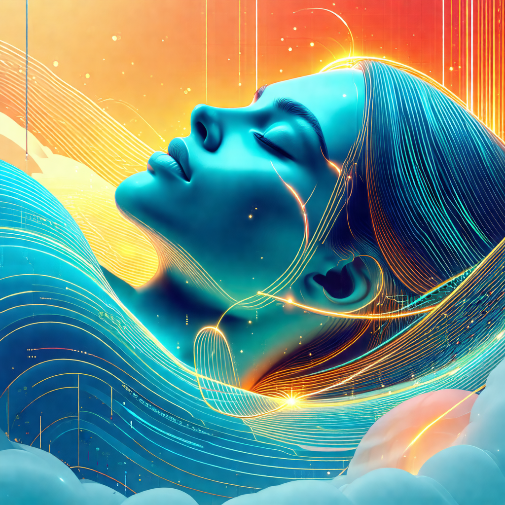 Woman with long, flowing hair, lying down and looking upward