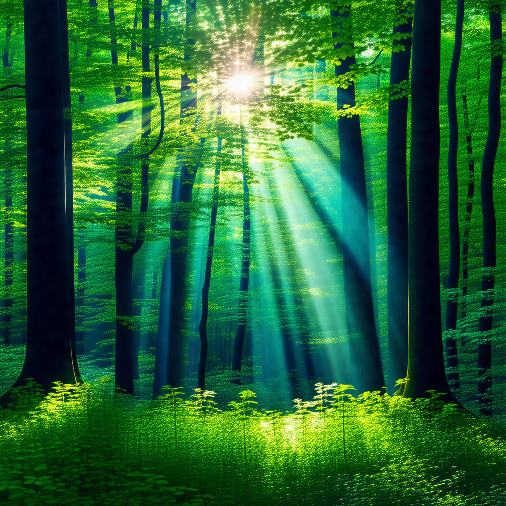 Lush green forest with a bright sun shining through the t...