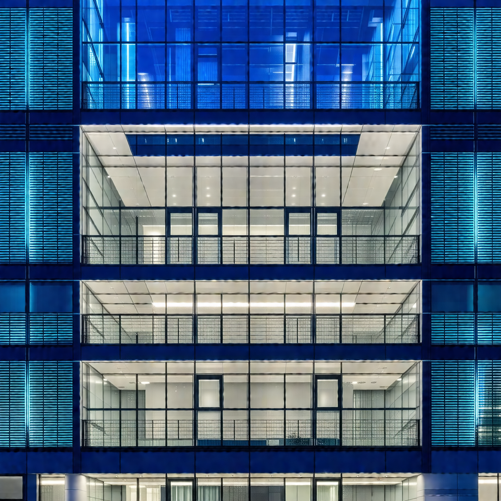 Large, modern building with a blue glass exterior