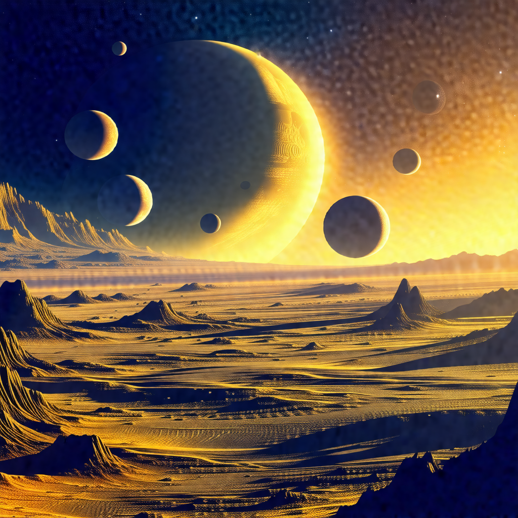 Futuristic scene with a group of planets and moons floati...