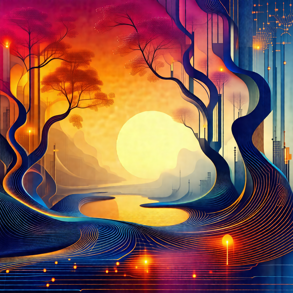 Painting of a forest at sunset