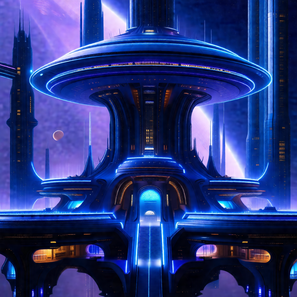 Futuristic cityscape featuring a large, blue, circular bu...