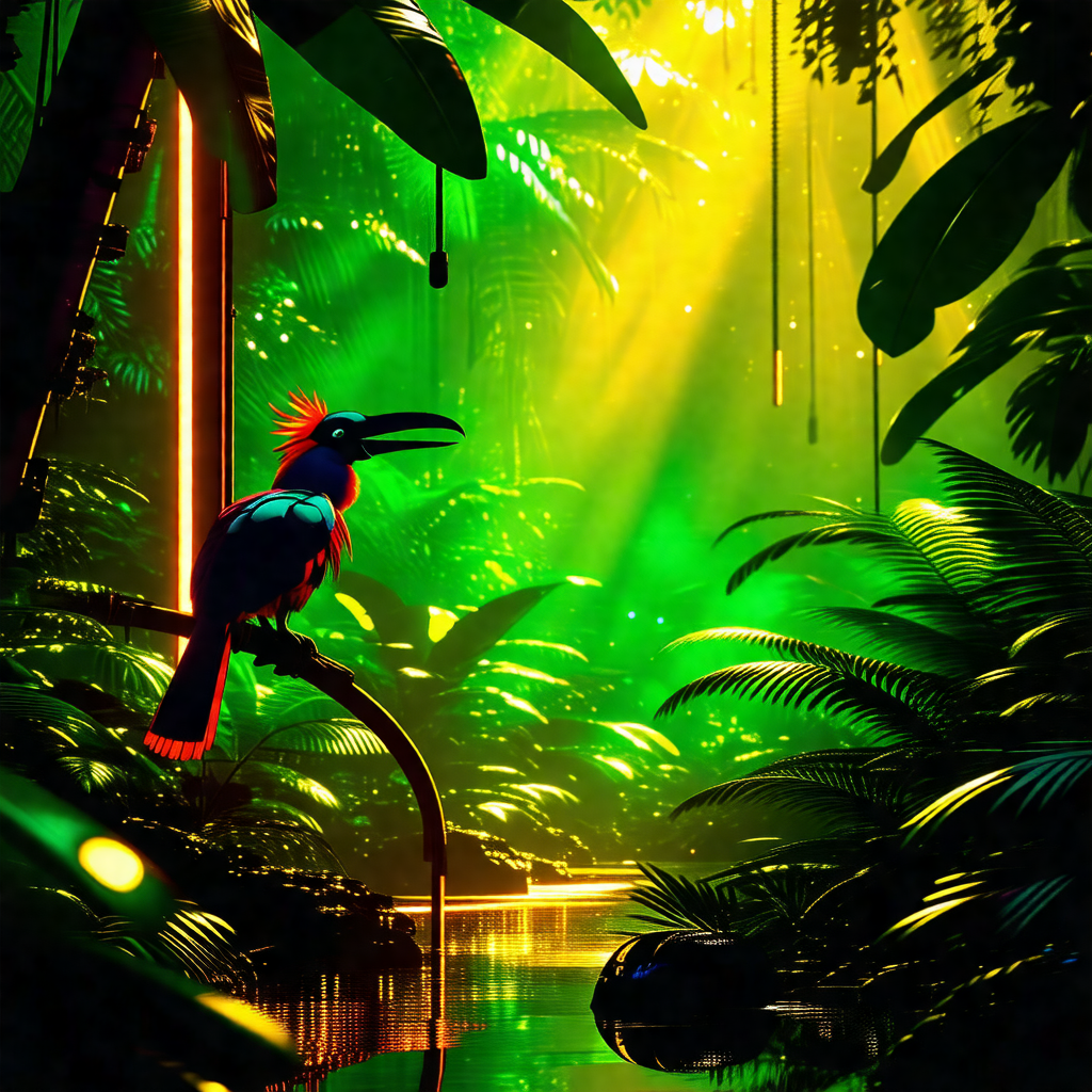 Colorful bird perched on a tree branch in a lush green fo...