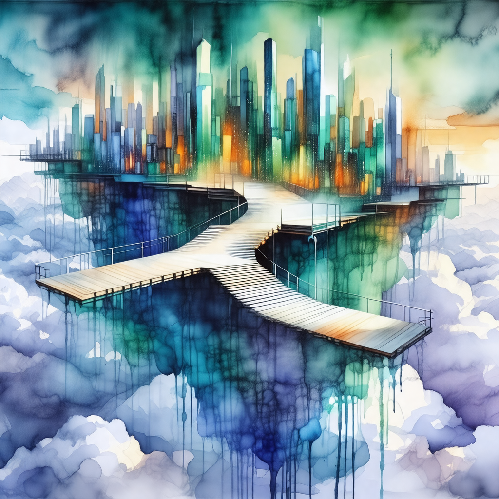 Painting of a cityscape with a large bridge in the center