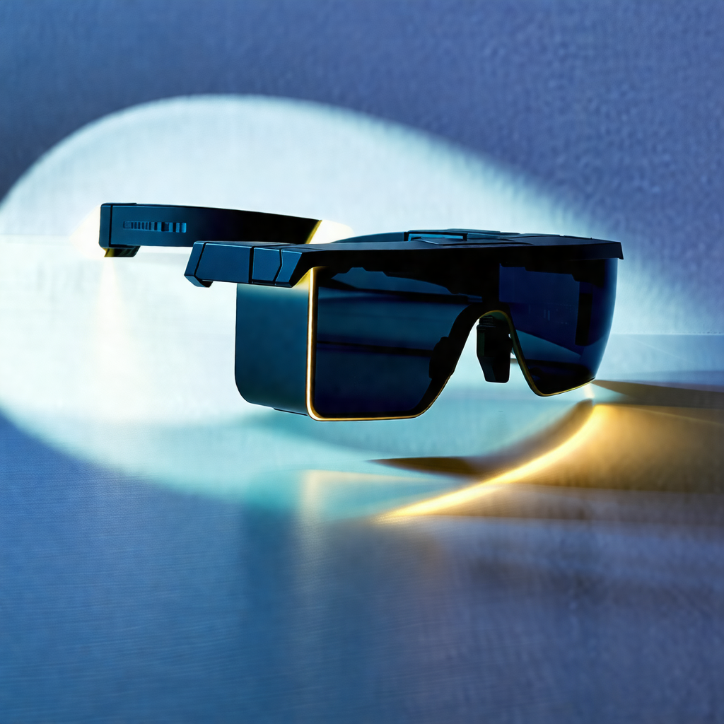 Pair of sunglasses with a yellow light shining on them