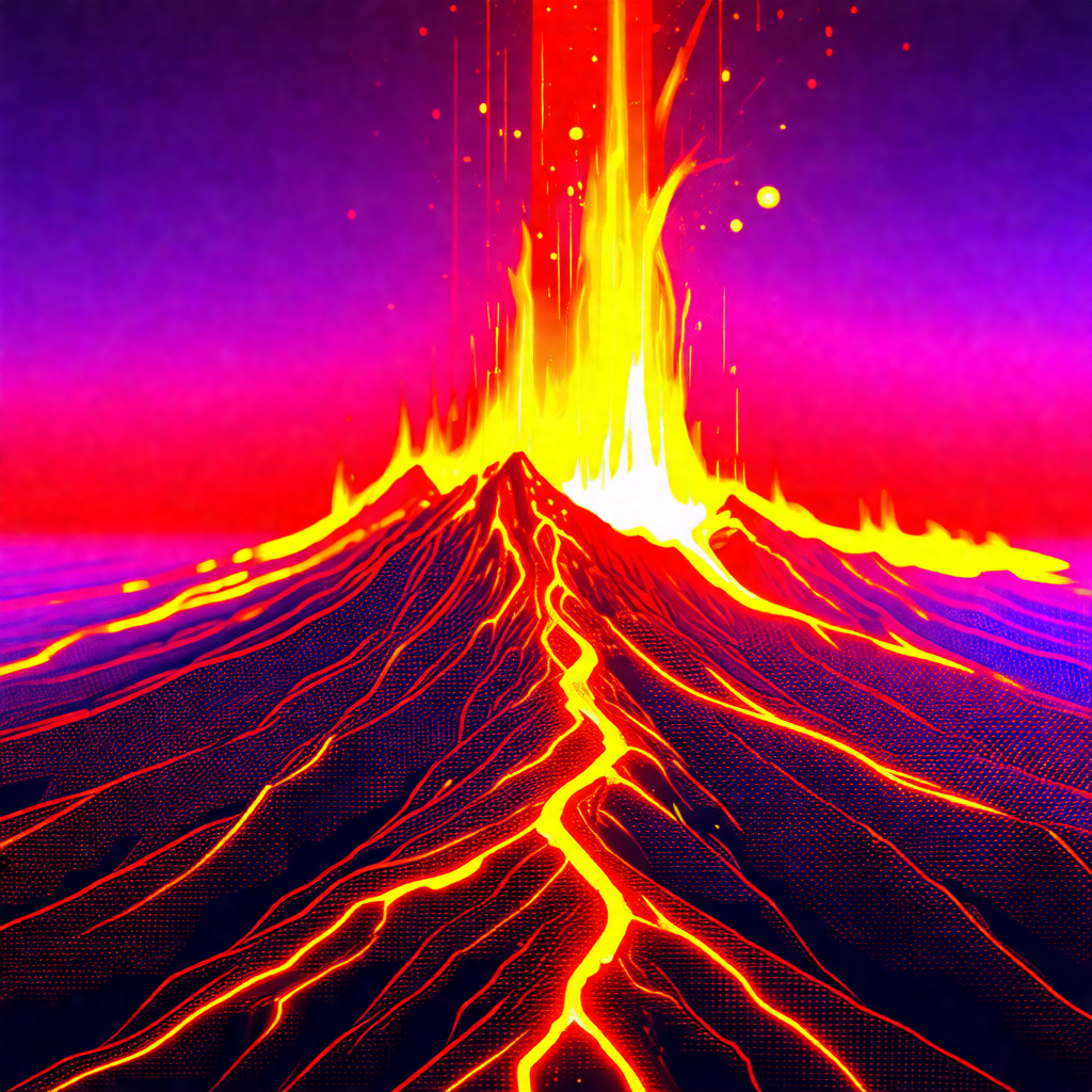 Large, colorful volcano with a vibrant orange and red col...