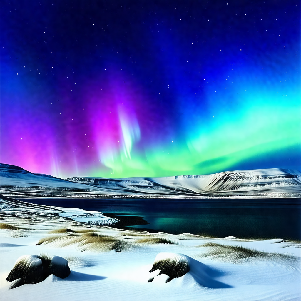 Captures a beautiful night scene with a snow-covered land...