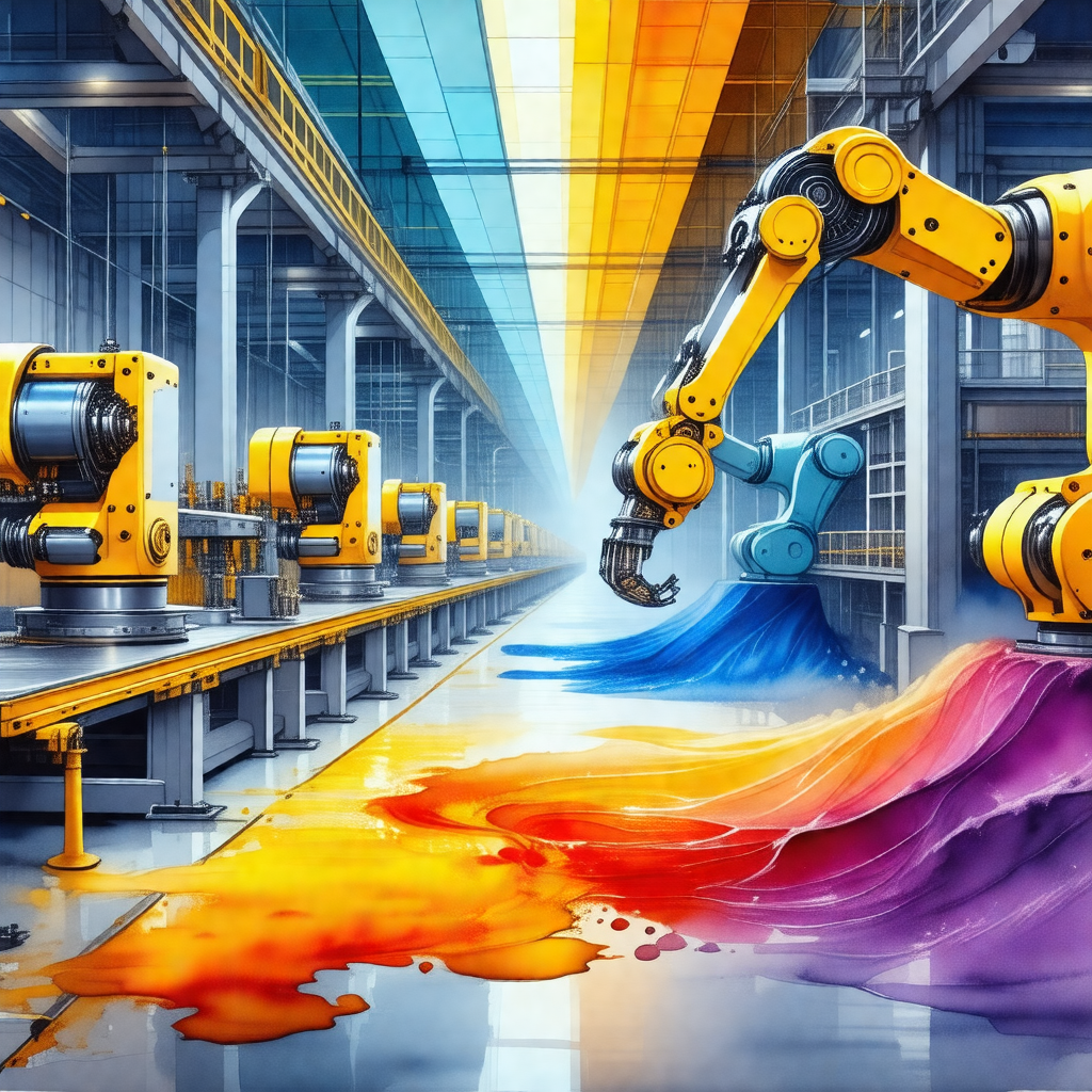 Factory with a large yellow robot standing in the center ...