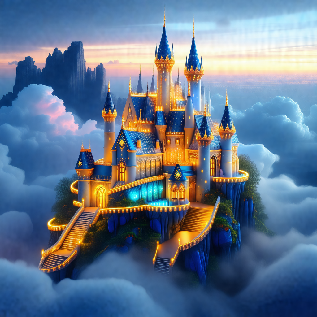 Large, intricately designed castle with a blue and gold c...