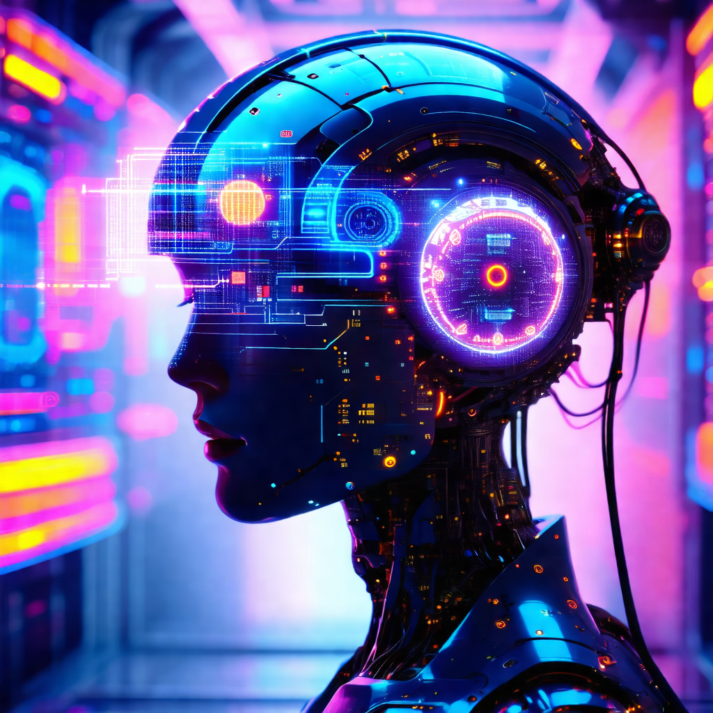 Futuristic robot with a blue head and a purple ring aroun...