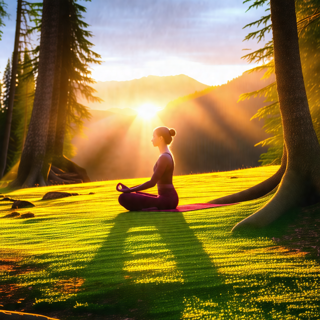 Woman sitting on the grass in a serene forest setting