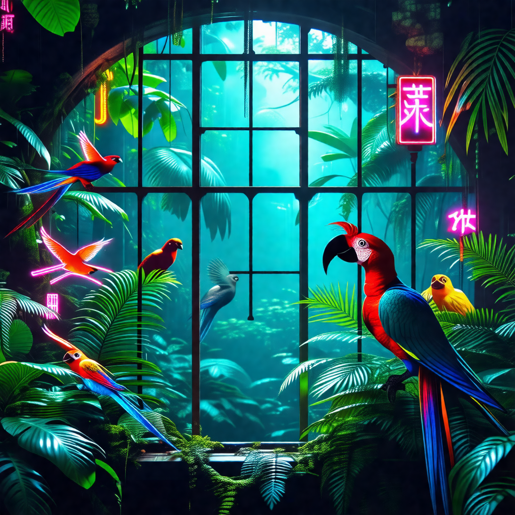 Lush green forest with a variety of birds perched on the ...