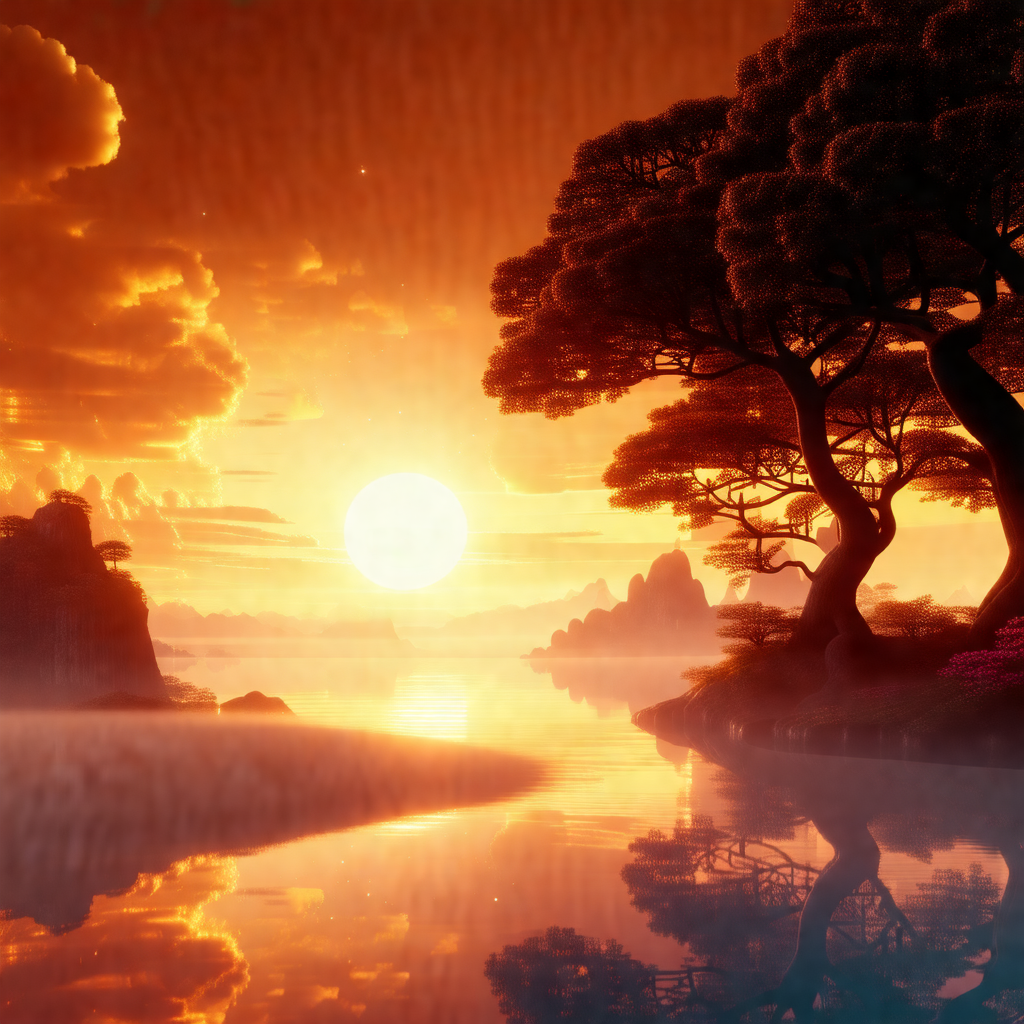 Serene scene of a lake at sunset, with a beautiful sunset...