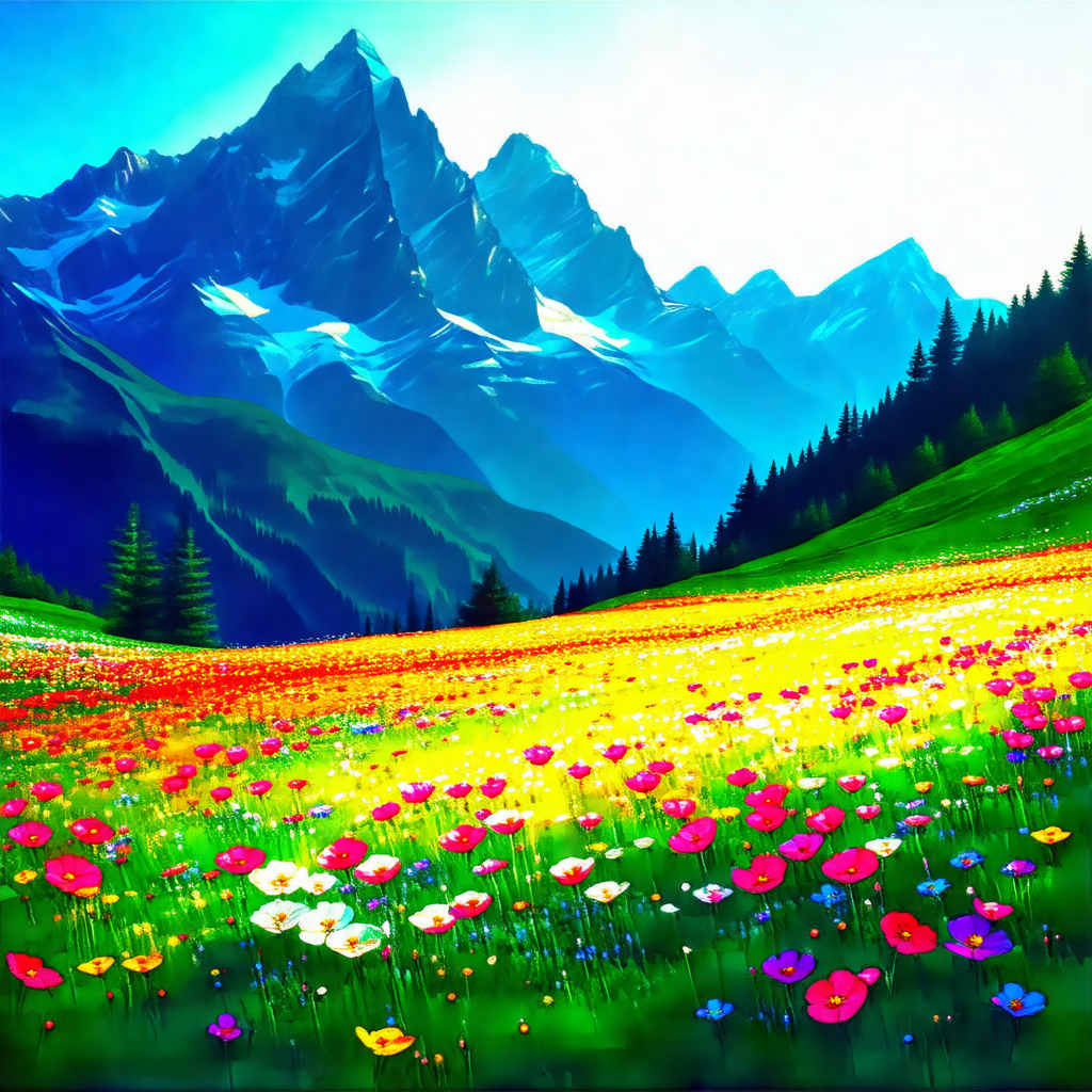 Beautiful mountain landscape with a vibrant field of flowers