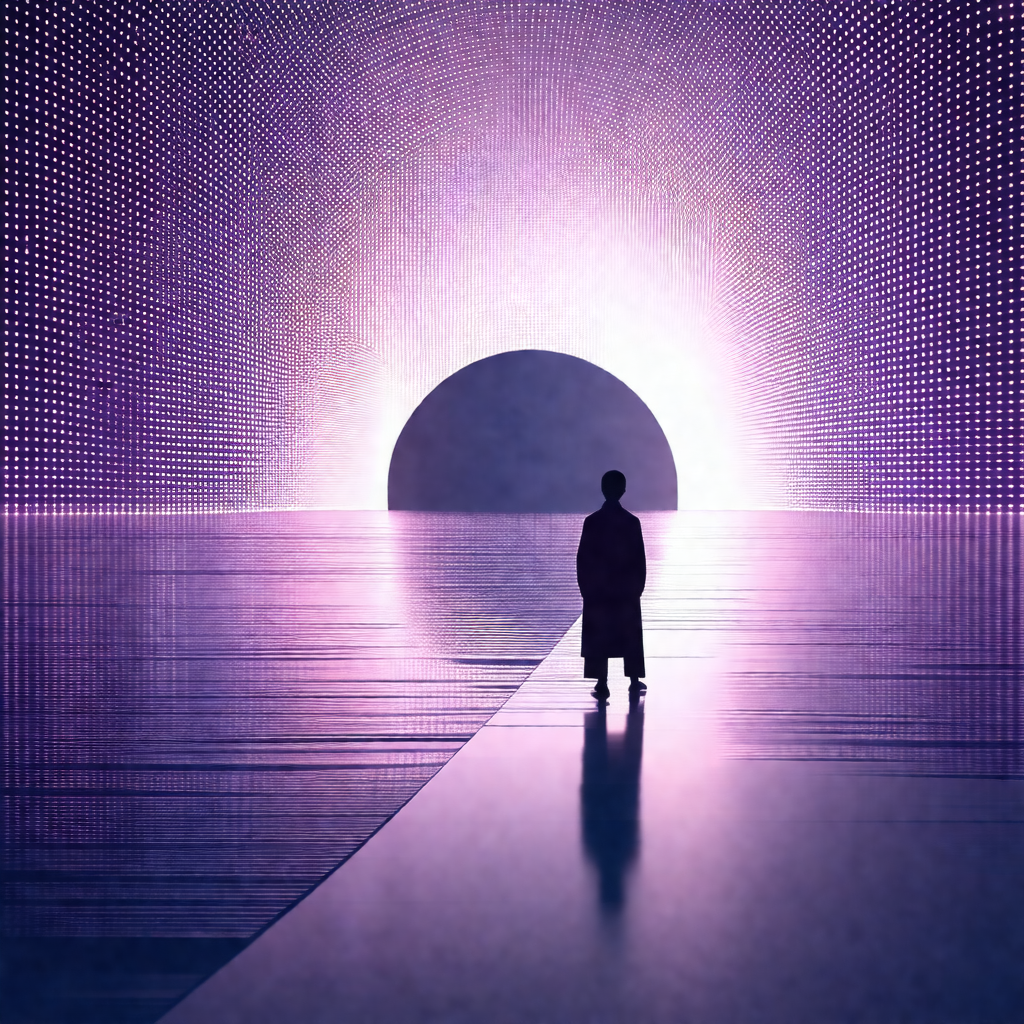 Man standing in a large, open room with a purple glow