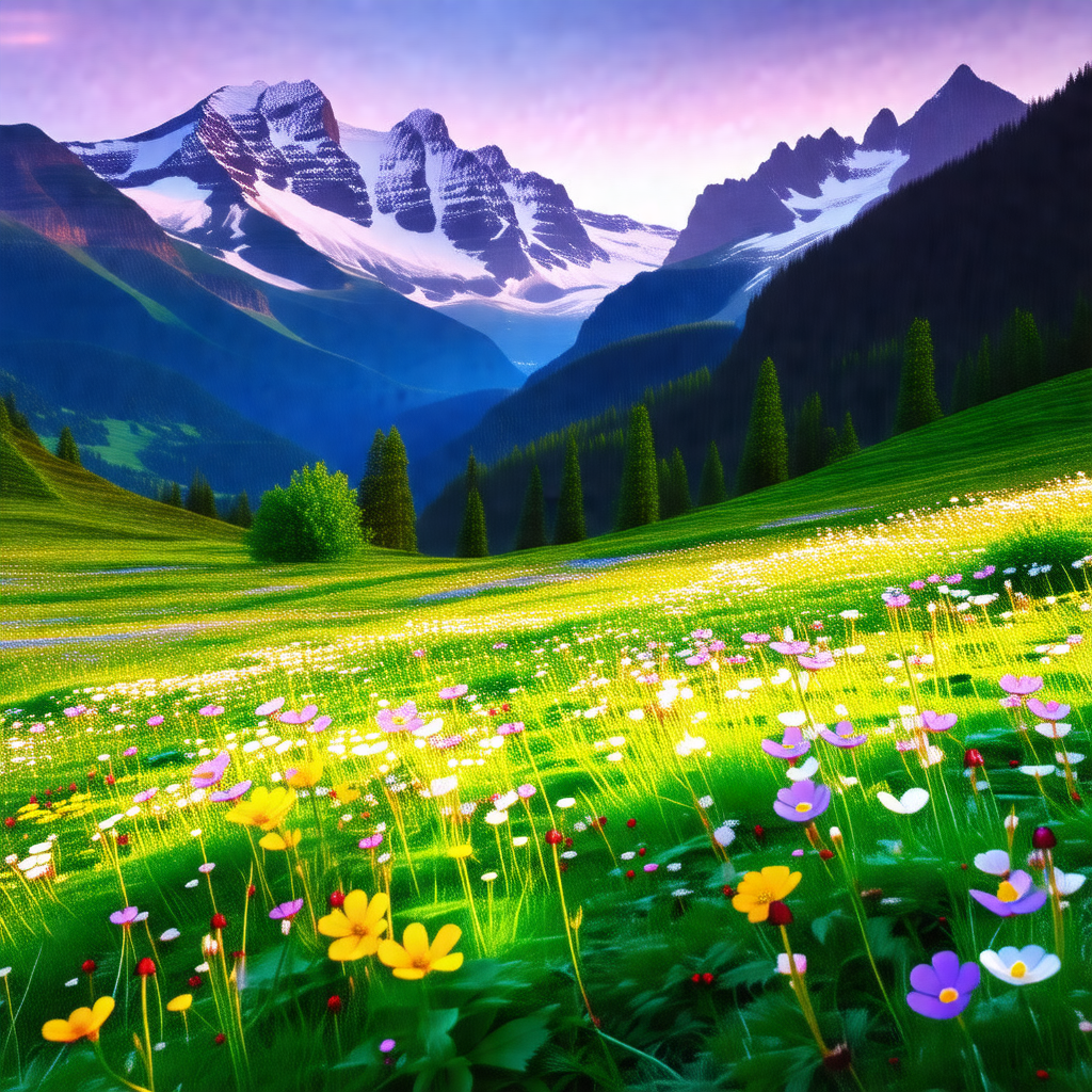 Beautiful mountain landscape with a lush green field and ...