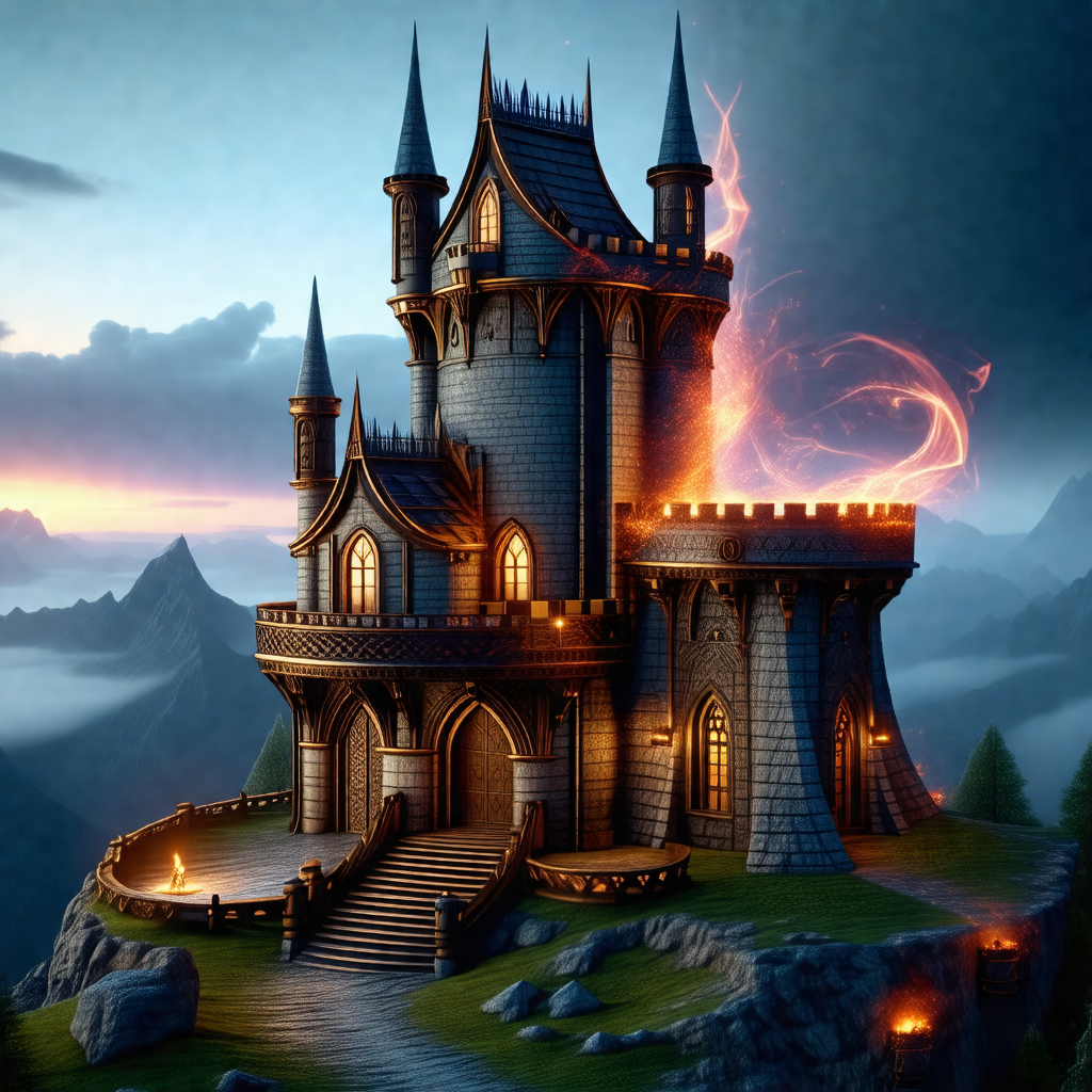 Large, intricately designed castle with a tall, pointed roof
