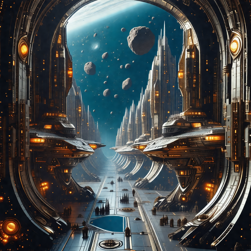 Futuristic scene featuring a large, intricate city with a...
