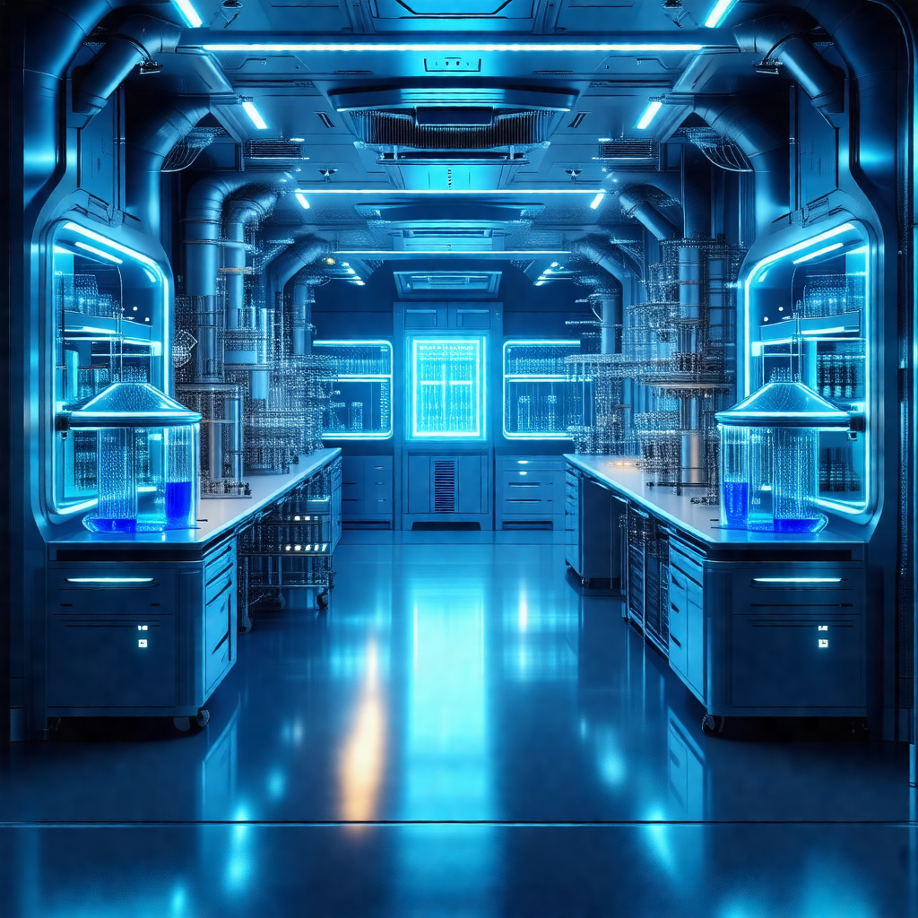 Futuristic laboratory with a blue glow, giving it a uniqu...