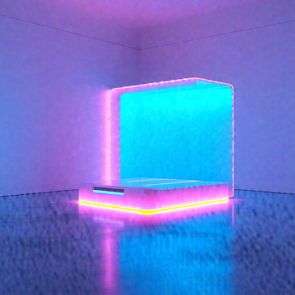 Brightly lit, neon-colored bench in a room