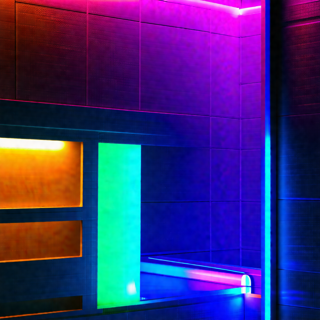 Colorful bathroom with a variety of colors and lighting
