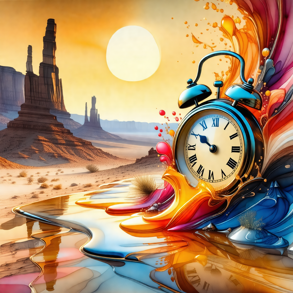 Large, colorful clock that is placed in a desert-like set...