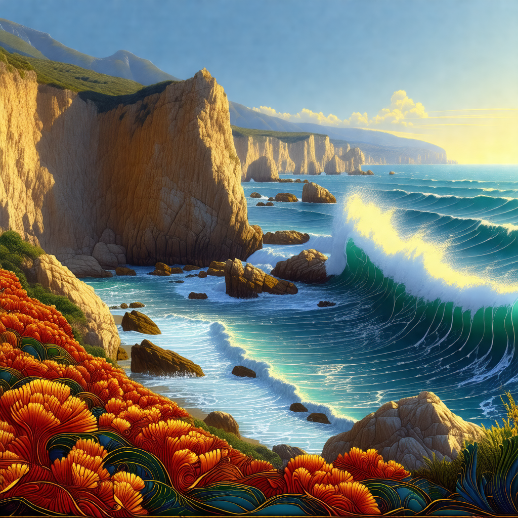 Painting of a beautiful coastal scene with a large body o...