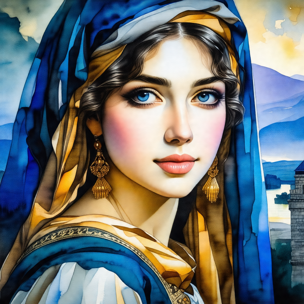 Beautiful woman with long, flowing hair, wearing a blue veil