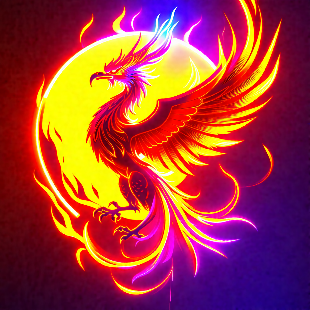 Dragon with a fiery mane, standing in front of a yellow sun