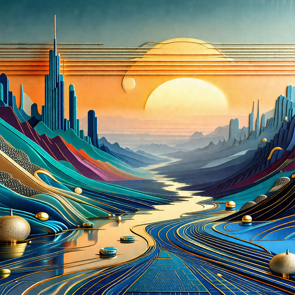 Painting of a futuristic cityscape with a large, sprawlin...