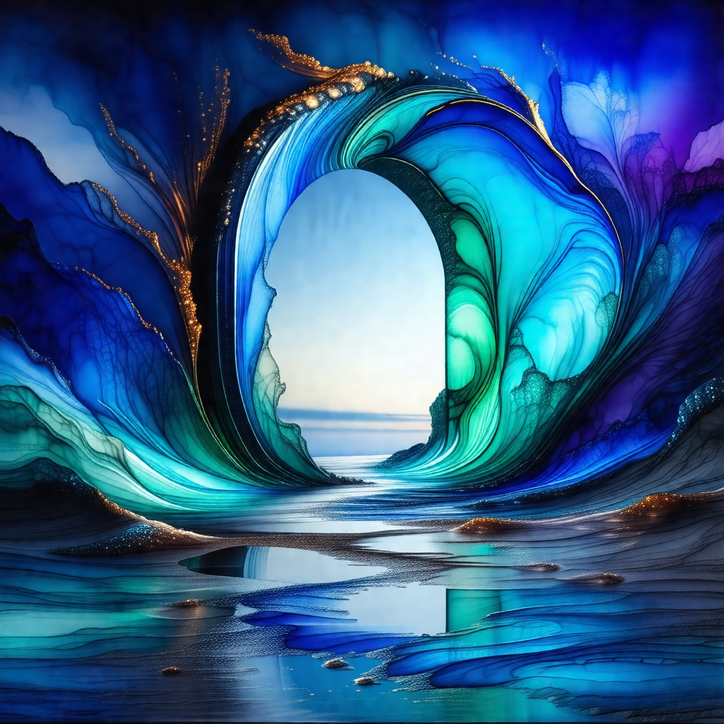 Beautiful blue ocean with a large, colorful wave crashing...