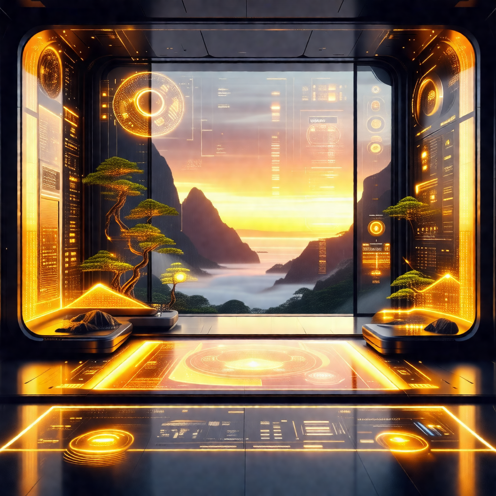Futuristic scene featuring a large room with a window ove...