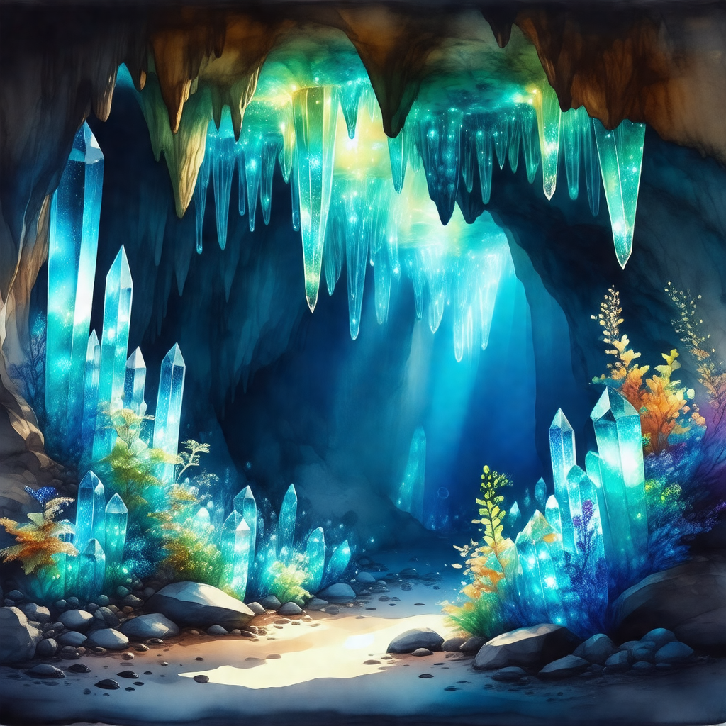Cave with a blue light illuminating the space