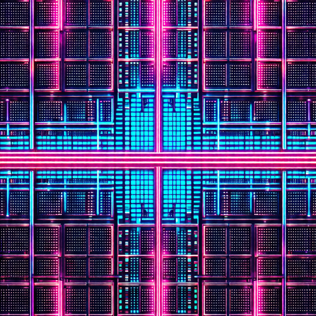 Close-up of a colorful, neon-lit display