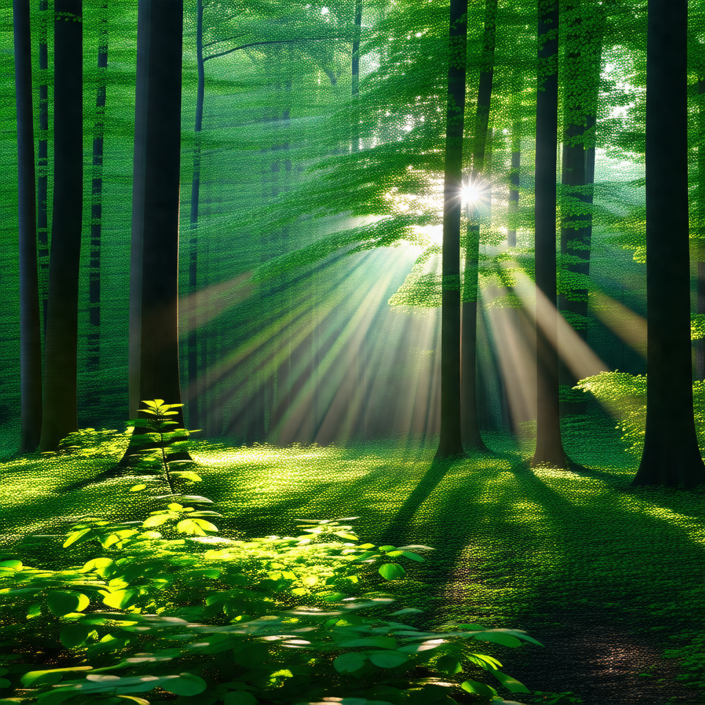 Serene forest scene with a bright sun shining through the...