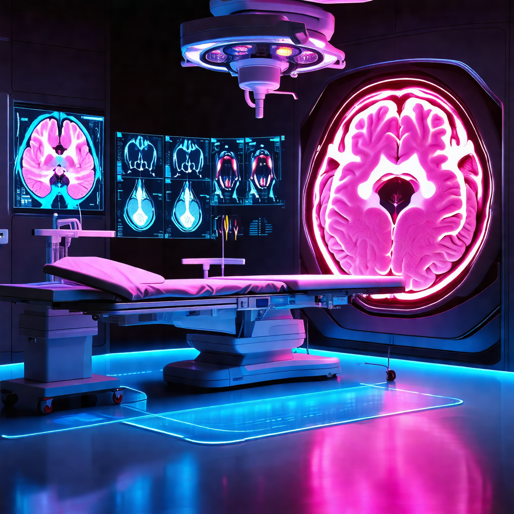 Hospital room with a large, bright pink brain visible in ...