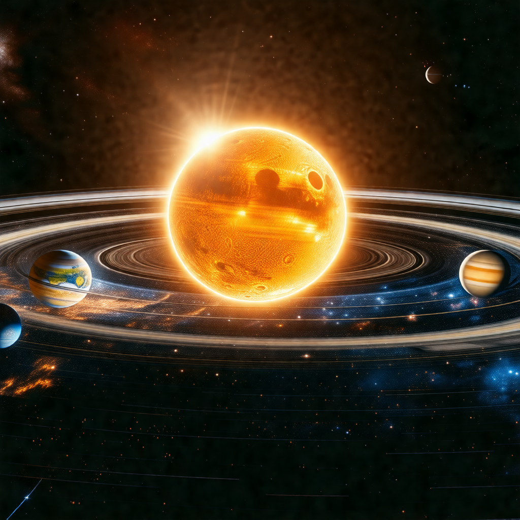 Solar system with a large orange sun at the center