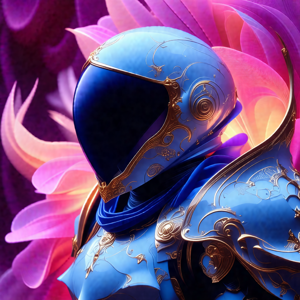 Blue and gold armor-clad figure, possibly a knight or a w...