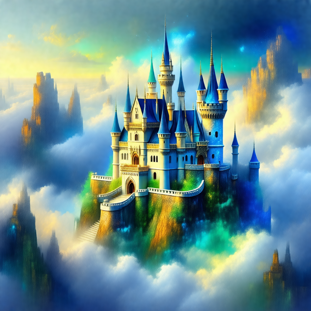 Large, colorful castle with a blue sky in the background